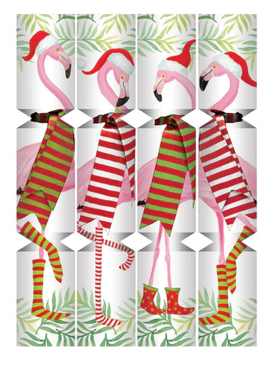 The Caspari Christmas Flamingos Crackers, featuring four flamingos adorned with Santa hats, candy cane striped stockings, and boots against a backdrop of green leaves, draw inspiration from Caspari paper designs to bring a whimsical touch to any festive setting or toy trinket collection.