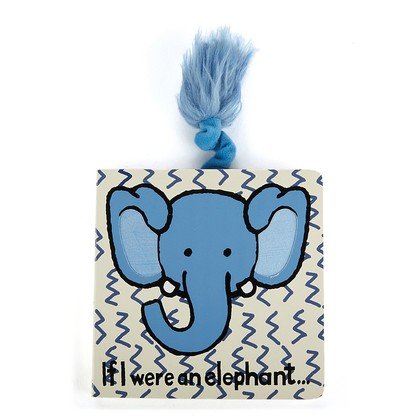 Square children's board book with a blue elephant illustration on the cover and "Jellycat If I Were An Elephant Board Book" text at the bottom. The book has a blue fabric tuft at the top.