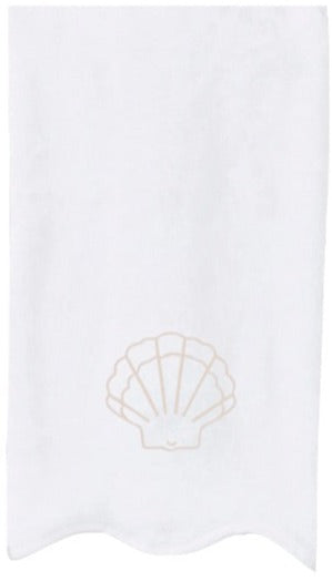 A white textile with plush absorbent material, featuring an elegant beige sea shell embroidery near the bottom center. This describes the Weezie Towels Sand Shell Scalloped Hand Towel from Weezie Towels.