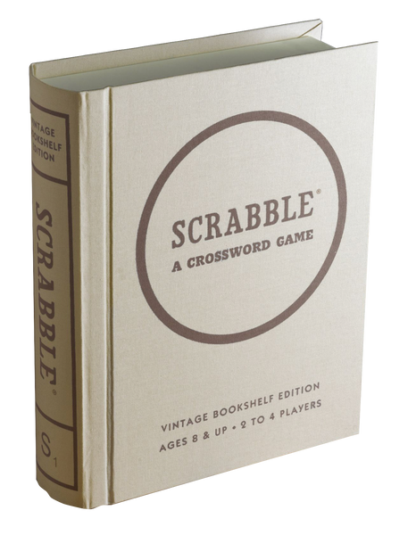 A beige hardback box of the "Scrabble Vintage Bookshelf Edition" by WS Game Company, featuring wood letter tiles and a vintage 1948 game board. Suitable for ages 8 and up, accommodating 2 to 4 players.