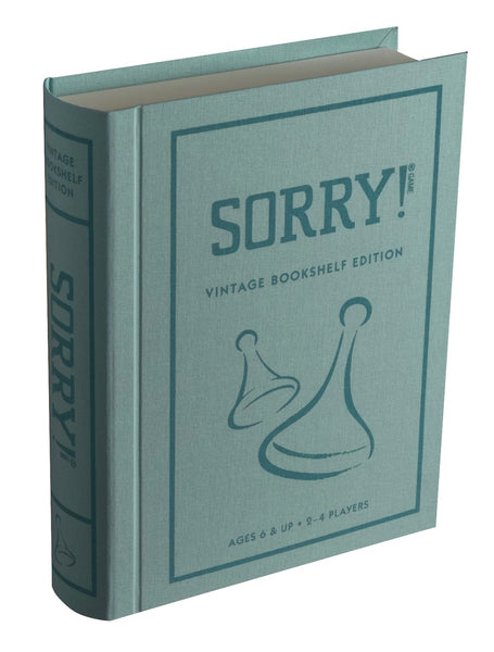 SORRY! board game "Sorry! Vintage Bookshelf Edition" by WS Game Company, designed in book-like packaging. Suitable for ages 6 and up, accommodating 2-4 players, this collectible bookshelf edition adds a touch of elegance to your vintage game board collection.