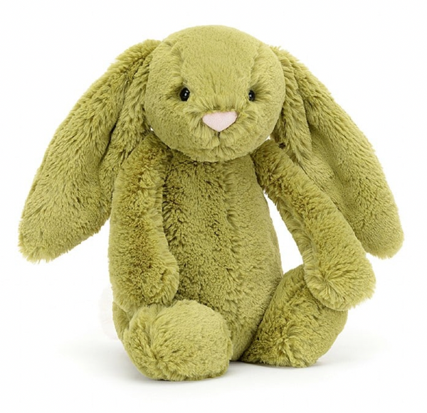 A Jellycat Bashful Moss Bunny, Medium, with long lop ears and a small pink nose, sits upright against a white background.