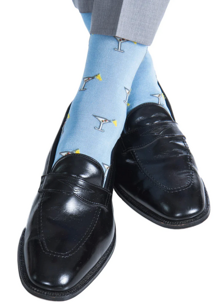 Dapper Classics 19th Hole Martini Glass Mid Calf Socks, Sky Blue and Lemon