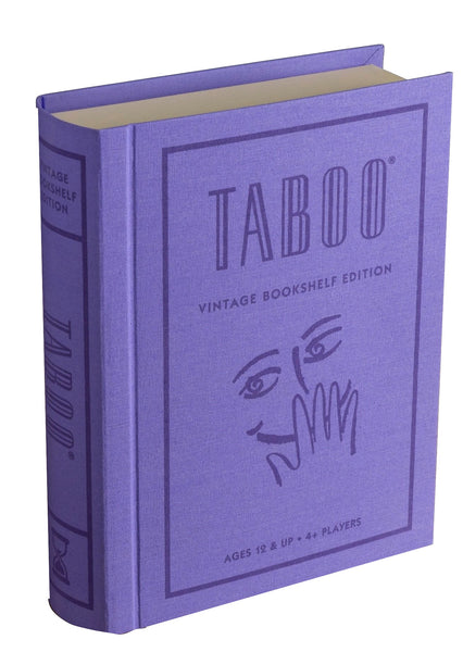 A purple box designed like a book labeled "Taboo Vintage Bookshelf Edition" from WS Game Company, featuring a face with a hand covering its mouth. This family game is intended for ages 12 and up, accommodating 4 or more players.