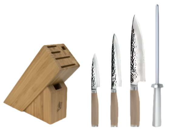 The Shun Premier Blonde Starter Knife Block Set, 5-Piece, includes a bamboo knife block and three Shun knives with elegantly patterned Damascus-clad blades and wooden handles. Featuring VG-MAX cutting cores, these knives offer outstanding sharpness and durability. Additionally, the set comes with a honing steel for maintenance.