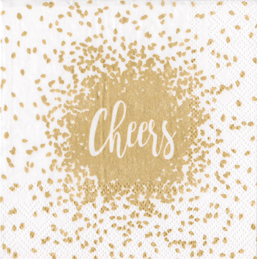 Caspari's Gold Cheers Cocktail Napkin features a gold confetti design with the word "Cheers" in the center, crafted from triple-ply material for enhanced durability.