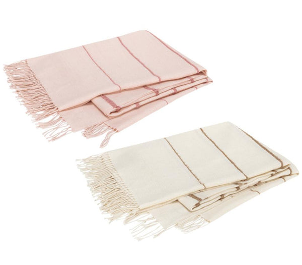 Two folded throws with fringe, crafted from soft baby alpaca, are included in the Matouk Amelia Stripe Throw Collection. One comes in pink and the other in beige, both showcasing Matouk's simple line patterns. They are perfect as a cozy travel wrap.