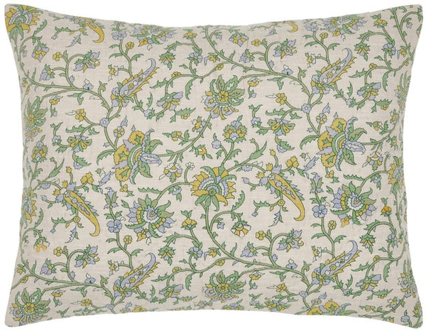 The John Robshaw Tiya Periwinkle King Sham, crafted from cotton slub chambray, features a floral design with green, yellow, and blue on a light background.