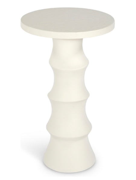 A white, round pedestal table with a sculpted, column-like base featuring three segmented sections, finished in Hepworth White and measuring 14" x 21", the Tower Side Table by Mr Brown.