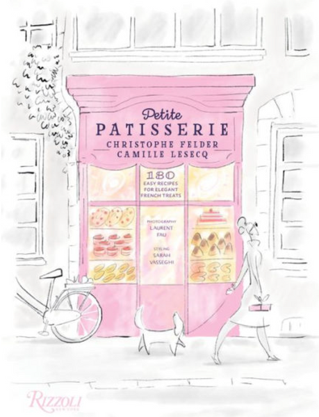 Illustration of a woman walking a dog past a pink patisserie shop with a bicycle parked outside. The shopfront displays "Petite Patisserie" by Rizzoli and showcases small pastries through the window, highlighting the art of French baking.