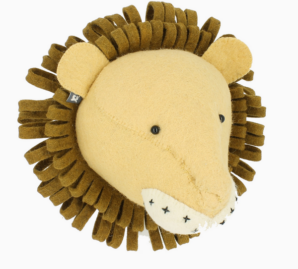 A soft Fiona Walker Medium Lion Head wall decoration made from organic wool, featuring a tan face and brown mane.