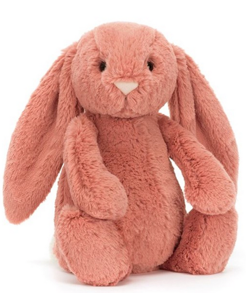 A Jellycat Bashful Sorrel Bunny, Medium, this soft and pink bunny with long ears sits upright against a white background, making a timeless gift.