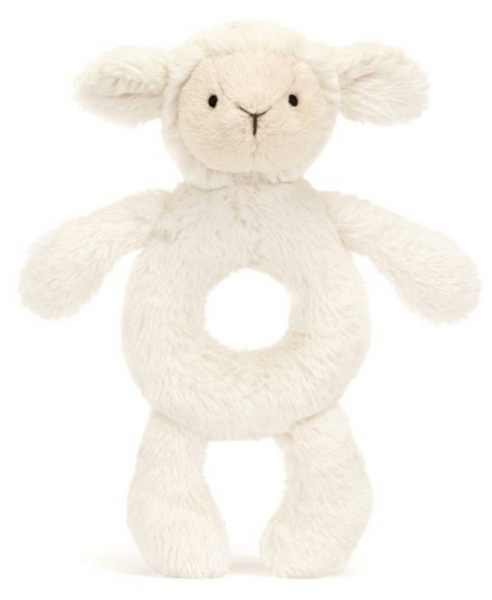 Introducing the Jellycat Bashful Lamb Ring Rattle by Jellycat, a soft, plush toy made from recycled fibers. With its ring-shaped body, two legs, arms, and a smiling face, this white and fuzzy delight also doubles as a gentle baby rattle.