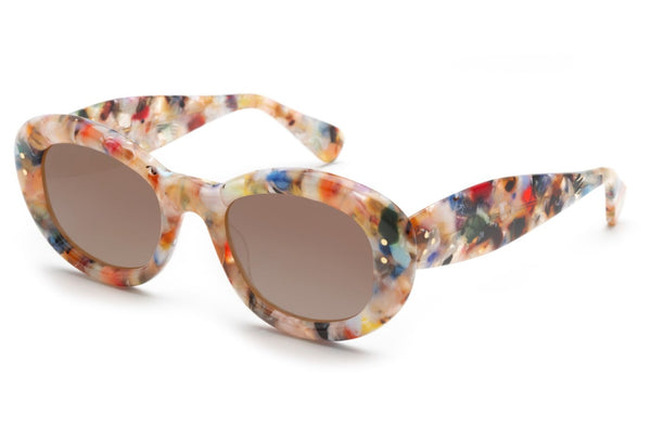 Krewe Margaret Mirrored Sunglasses, from the brand Krewe, feature a marbled pattern with custom lenses set in a handcrafted acetate frame.