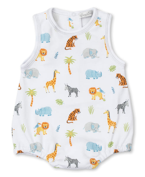 A Kissy Kissy Tropical Jungle Print Bubble with giraffes, elephants, and zebras.