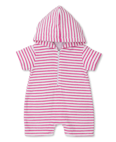 Introducing the Kissy Kissy Sea Life Fun Terry Romper by Crane, a delightful pink and white striped romper made of soft Pima cotton. This adorable outfit features a hood, short sleeves, and a convenient front zipper—truly the perfect ensemble for your little one!