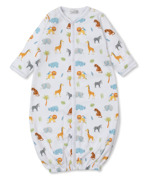 The Kissy Kissy Tropical Jungle Printed Convertible Gown by Kissy Kissy features long sleeves and a charming jungle theme with prints of giraffes, elephants, zebras, lions, and palm trees. Made from Pima cotton, this baby gown includes a front zipper and an elasticized bottom for convenient diaper changes.