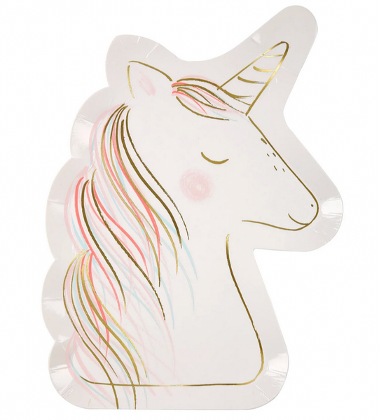 A Meri Meri Magical Unicorn Plate with a colorful mane, gold foil embellishments, and a golden horn, perfect for use at fairytale parties or events.