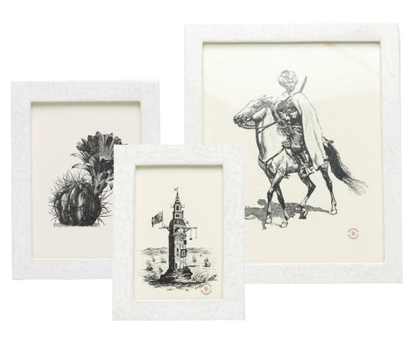 Part of the Pigeon & Poodle Westport Frame Collection, three framed black and white illustrations—a cactus, a lighthouse, and a knight on horseback—each in elegant white frames.