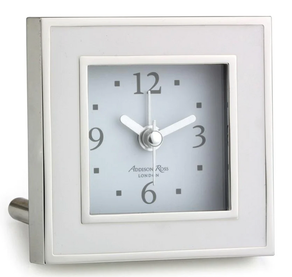 A Addison Ross Square Alarm Clock with a silver frame and white dial, showing the time with arabic numerals and simple watch hands.