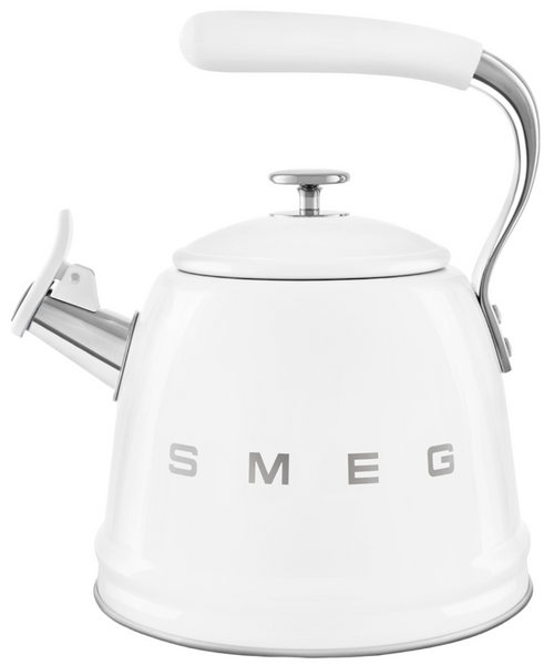 A stainless steel and white enamel Smeg SMEG Whistling Kettle Collection with a large capacity, featuring an ergonomic handle and curved spout.