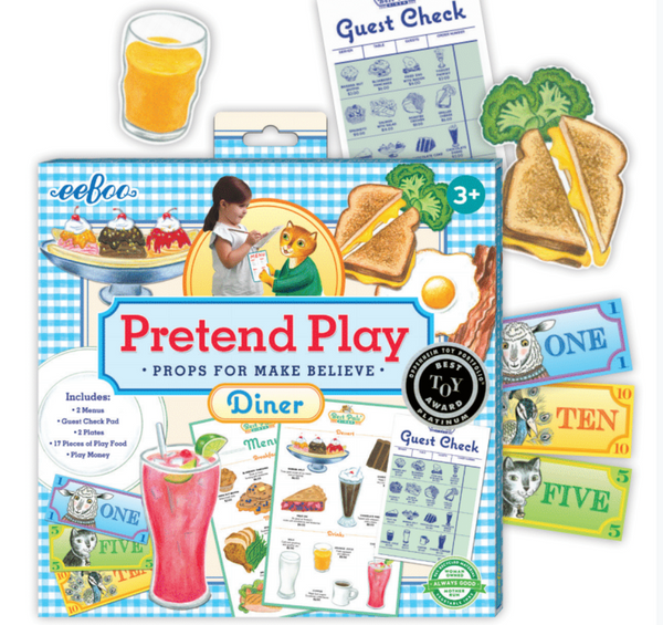 The "Eeboo Best Pals' Diner Pretend Play Set" by Eeboo is a kids' restaurant set featuring toy food items, guest checks, play money, and a child-friendly menu. The box highlights contents that spark creativity and imagination, designed for children ages 3 and up.