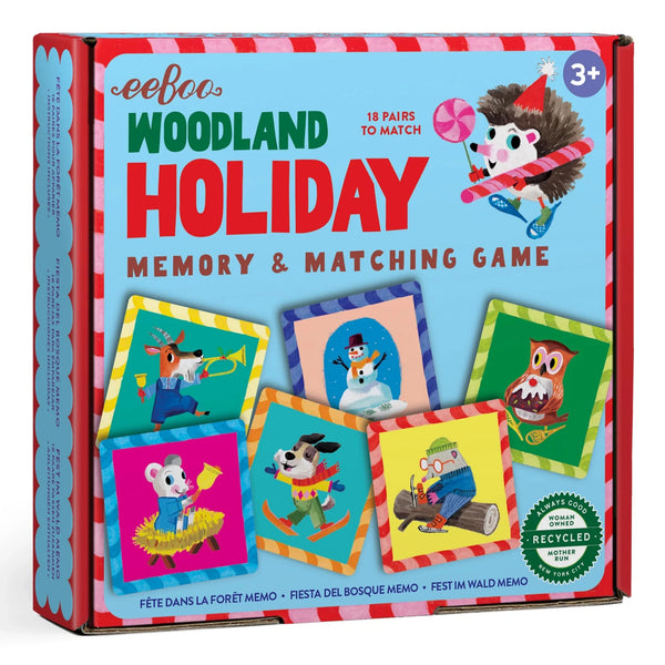 Box of "eeboo Woodland Holiday Little Matching" by Eeboo, showcasing illustrated woodland animals dressed in holiday-themed attire. Designed for ages 3 and up, this winter-themed game includes 18 pairs of cards to match, aiding in the development of memory skills. Crafted with sustainably sourced materials.