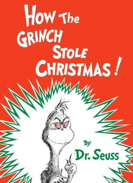 Book cover of "How the Grinch Stole Christmas" by Common Ground, featuring a grinning Grinch against a festive red backdrop adorned with green and white decorations, capturing the mischievous yet whimsical essence of the Christmas spirit.