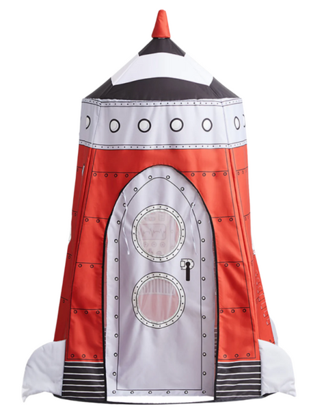 The Asweets Rocket Pop-Up Playhome is a charming red and white tent, designed in the shape of a rocket with round windows and a door, making it perfect for children's imaginative adventures.