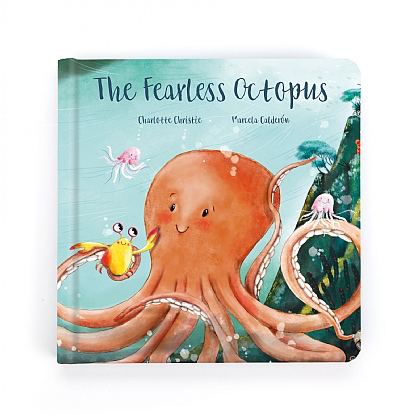 The "Jellycat The Fearless Octopus Book" children's book cover features a brave octopus surrounded by various sea creatures and enchanting ocean scenery, setting the stage for a poetic story of adventure.