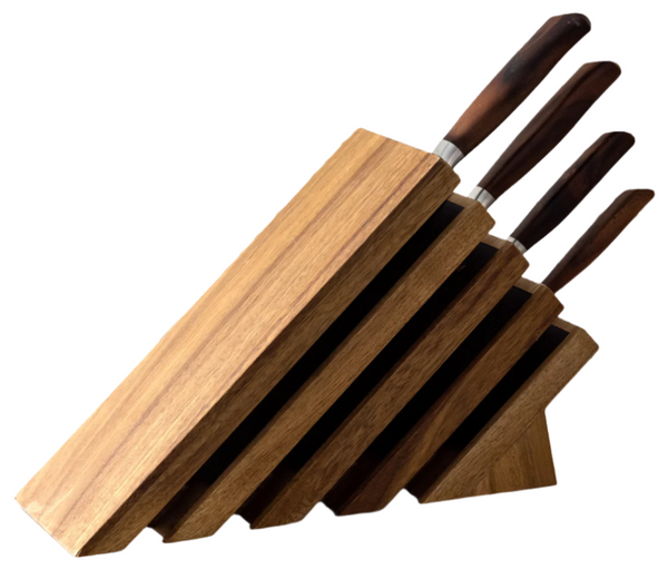 The Messermeister Royale Elite 5-Piece Knife Block Set features a selection of five knives made from German stainless steel with dark handles, elegantly organized in a wooden block.