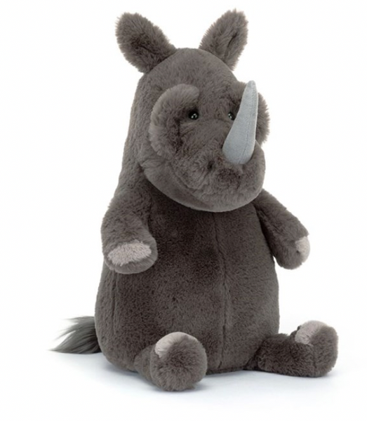 Meet Jellycat Roderick Rhinoceros, a sturdy plush toy shaped like a rhinoceros. Made of soft, gray fabric, he boasts a big round body, prominent horn on his nose, and small, round ears.