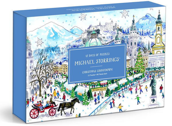 The Michael Storrings 12 Days of Christmas Puzzle Calendar Set from Chronicle Books enchants with its festive city scene reminiscent of the "12 Days of Christmas," featuring snow, ice skaters, a horse-drawn carriage, and decorated buildings, similar to an Advent Puzzle Calendar for adding holiday cheer.