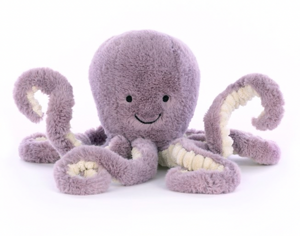 Sure, here is the revised sentence:

A Jellycat Maya Octopus, Little plush purple toy with a smiling face and multiple curled, jumbo corduroy tentacles, boasting a delightful dusky mauve hue on a white background.