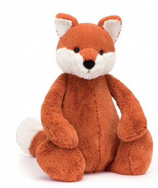 The **Jellycat** **Jellycat Bashful Fox Cub, Really Big** features orange and white fur, fluffy white ears, and sits upright. Hand wash only.