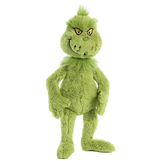 Introducing the Aurora Dr. Seuss Grinch, 16" plush toy, standing upright with its mischievous smile and green fur—perfect for adding a touch of Dr. Seuss magic to your Christmas decorations.