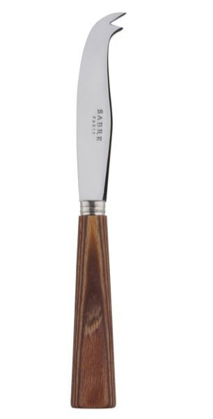 The Sabre Natural Wood Cheese Knife, Small from Sabre features a wooden handle and a stainless steel blade with a two-pronged fork tip. Perfect for cutting and serving chewy cheeses, the blade is engraved with "SAROR".