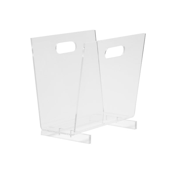 The Pigeon & Poodle Laurel Acrylic Magazine Holder features slanted panels and cut-out handles, seamlessly blending modern design and functionality.