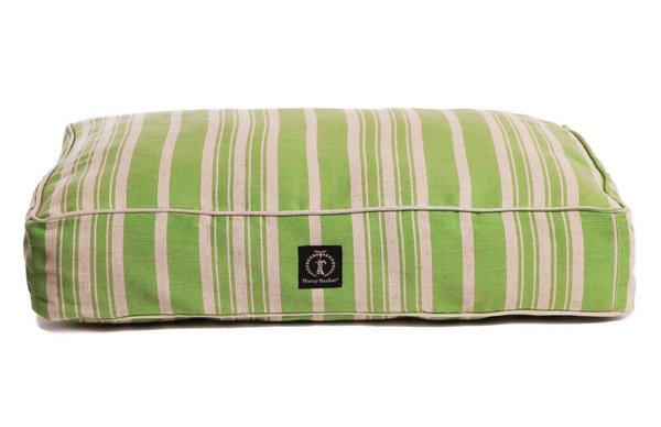 A Green Classic Stripe Dog Bed with Insert by Harry Barker features a rectangular design with green and white stripes, a small dark label in the center of one side, and is hypo-allergenic and machine washable for your convenience.