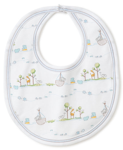 A Kissy Kissy Noah’s Ark bib featuring animals and boats, like Noah's ark.