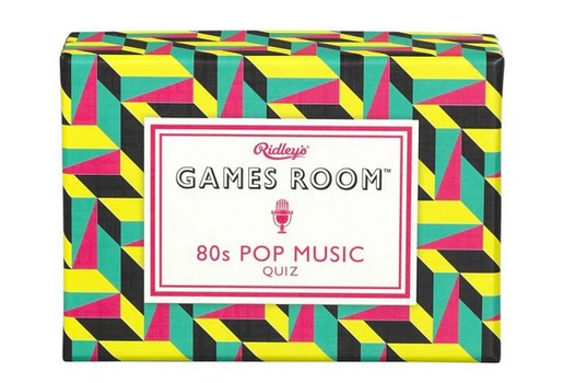 A vibrant box of the "80s Pop Music Quiz" by Chronicle Books, featuring a colorful geometric pattern on the packaging, invites you to dive into the world of 1980's songs.