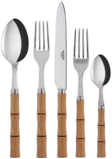 The Sabre Bamboo 5 Piece Flatware Set includes a tablespoon, dinner fork, dinner knife, salad fork, and teaspoon. Featuring wooden handles crafted from Natural Wood and Resin, this exquisite collection is imported from Paris.