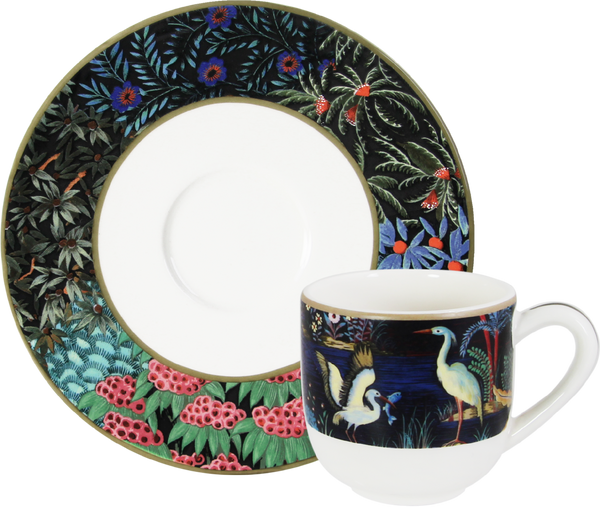 A Gien x Pierre Jardins Du Palais Espresso Cup and Saucer, Set of 2 featuring intricate botanical and avian designs in vibrant colors, reminiscent of Gien France's tableware collection.