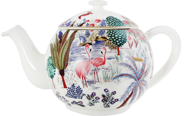 The Gien x Pierre Jardins Du Palais Teapot by Gien France is a white teapot adorned with vibrant illustrations of flamingos, trees, and various plants. Part of the Le Jardin du Palais tableware collection by Pierre Frey, its spout and handle remain plain white.