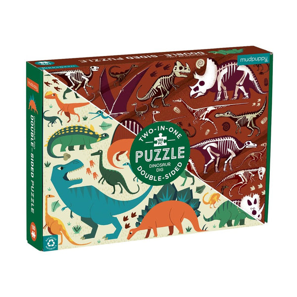 A two-in-one, double-sided puzzle featuring dinosaur illustrations on one side and dinosaur skeletons from a Dinosaur Dig on the other. The brand 'Chronicle Books' is visible on the top-right corner.