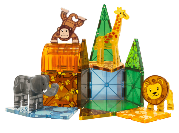 A 25-piece set of colorful translucent MAGNA-TILES® Safari Animals from Magnatiles, arranged to form a structure with animal figures including an elephant, lion, giraffe, and monkey placed on and around the magnetic shapes. Perfect for creative adventures!