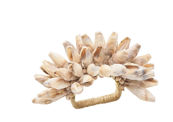 A handmade, Kim Seybert Shell Fringe Napkin Ring, Ivory & Brown-encrusted headdress on a white background.