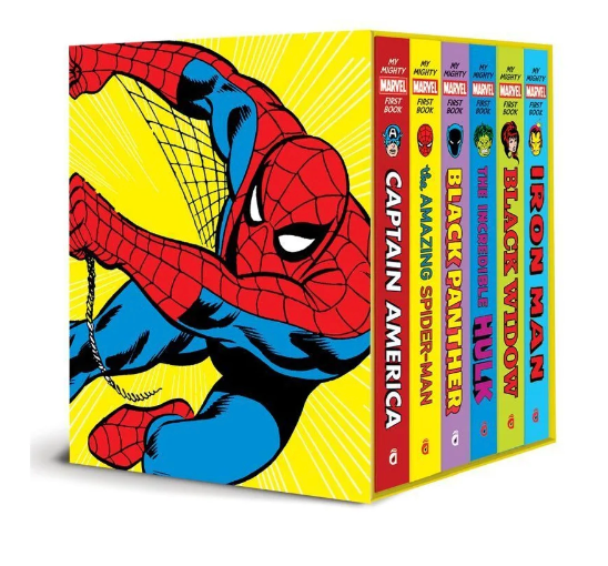 The My Mighty Marvel First Book Collection, a boxed set from Abrams, showcases Marvel Super Heroes such as Captain America, Spider-Man, Black Panther, Hulk, Black Widow, and Iron Man. The box features an image of Spider-Man swinging through the air that captures the essence crafted by legendary comics artists.