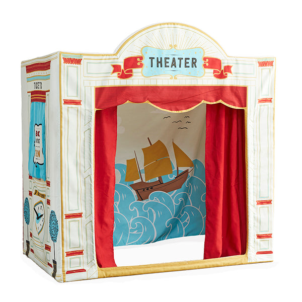 The Asweets Theater, a children's puppet theater by Asweets, boasts a nautical backdrop and red curtains beneath its sign. An oversized plush microphone adds to the charm of the delightful scene.