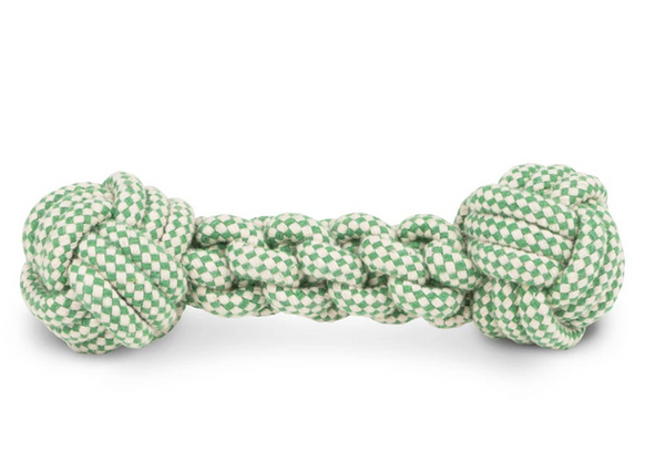 A Harry Barker Skipper Rope Toy, Green & White with knotted ends, ideal for chewing.